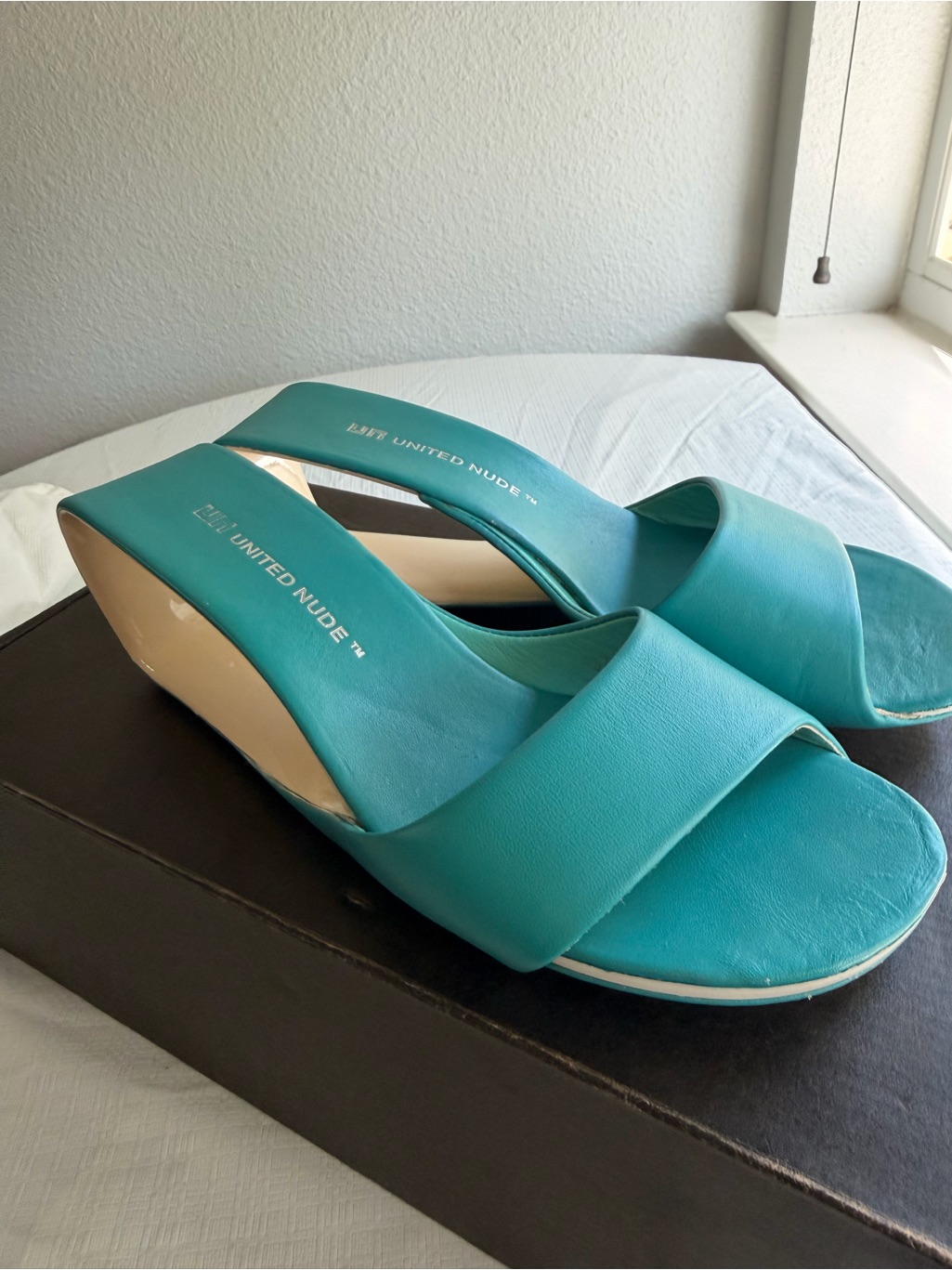 United Nude Mbius Mid Turquoise Slide Wedge Mules